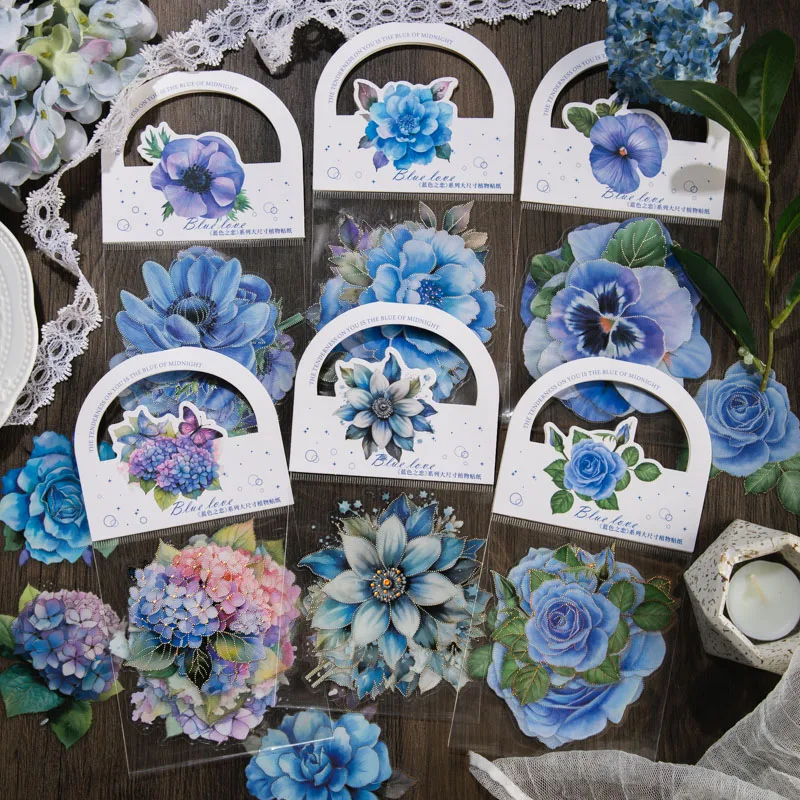 10 teile/paket blaue Thema Blumen Aufkleber dekorative Kleber DIY Kreativität Scrap booking handgemachte Junk Journal Lieferungen