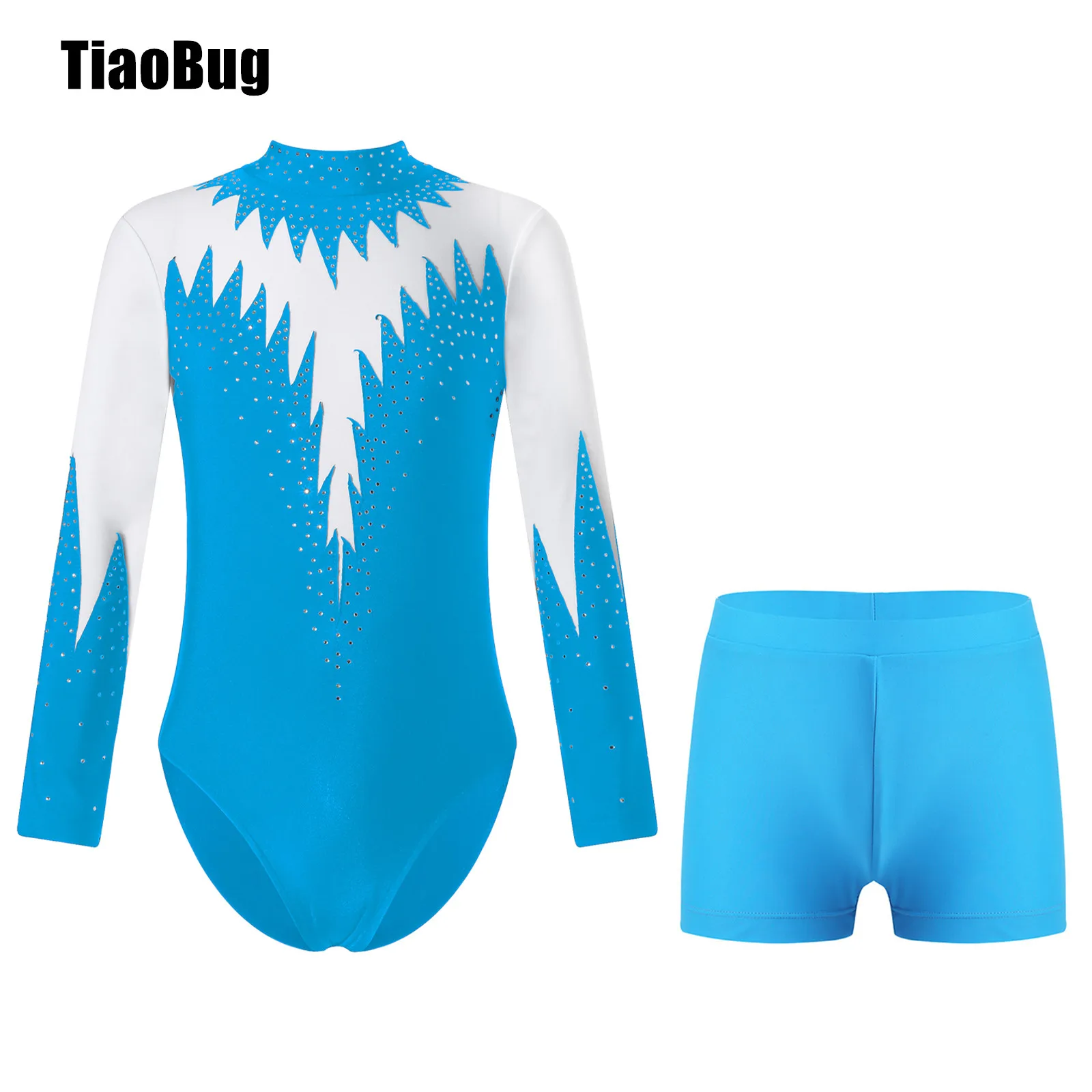 

Kids Girls Stylish Torch Shape Set Long Sleeve Hollow Back Shiny Rhinestone Decorated Contrast Color Dance Leotards with Shorts