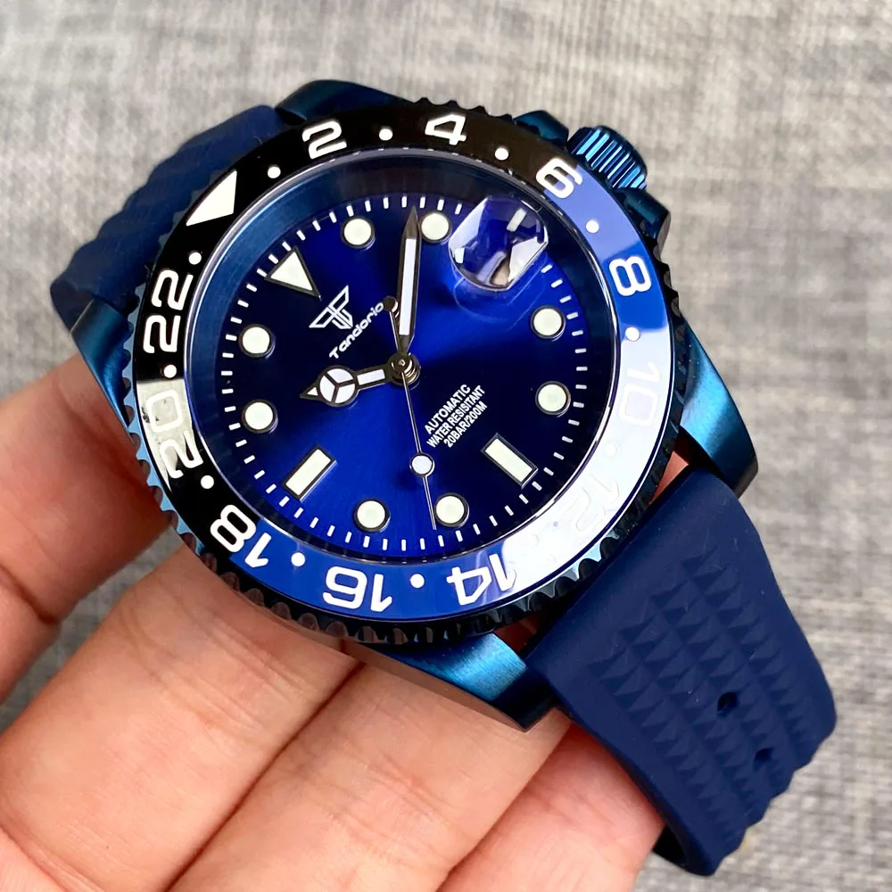 NH35 Blue Coated Watch Case Swim Sunburst Blue Steel Automatic Wristwatch Tandorio Brand Rubber Band 38mm Bezel Sapphire