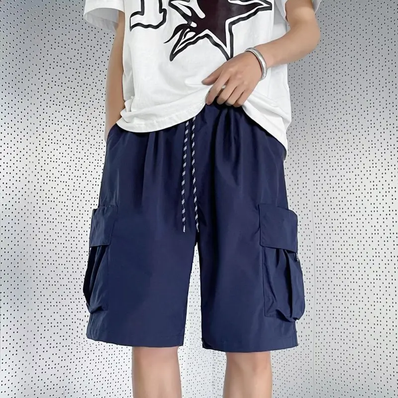 Summer New Men's Solid Color Cargo Trousers Fashion Trendy Loose Spliced Pockets Elastic Drawstring All-match Comfortable Shorts