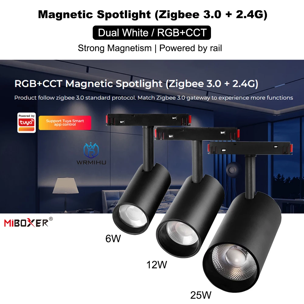 

6 Вт, 12 Вт, 25 Вт, двойной белый трек RGB + CCT, фотомагнитный прожектор Zigbee 3,0 + 2,4G, яркость CCT, умный потолочный рельс, светодиодный 48 В постоянного тока