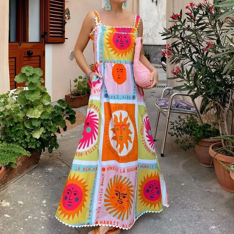 

Summer Elegant Square Neck Suspenders Dress Women Sexy Side Split Bohe Party Dress Fashion Pattern Print Sleeveelss Long Dresses