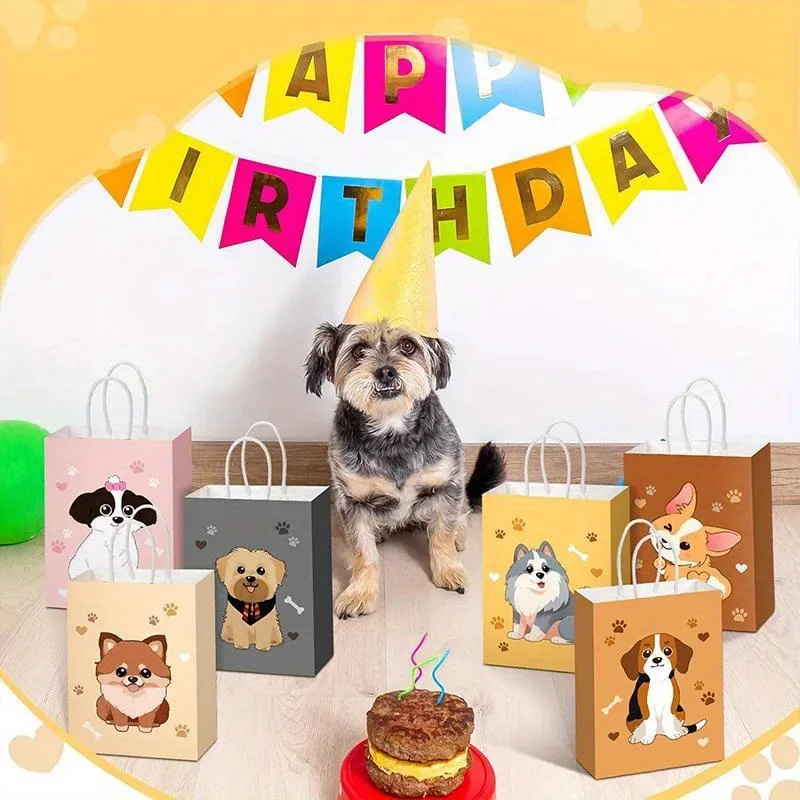 12 Sacchetti Regalo A Tema Cane Con Adesivi - Per Feste Di Compleanno, Bomboniere, In Carta Kraft