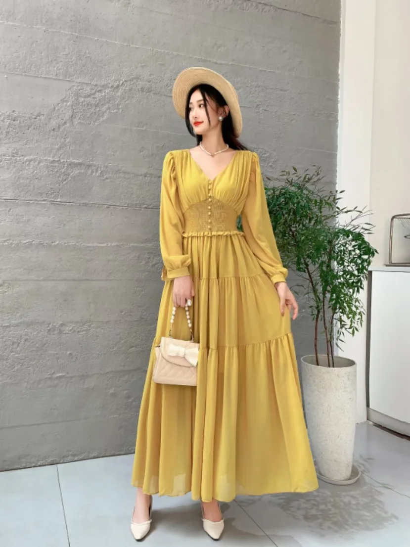 2024 New Spring Autumn Women Sexy V-Neck Long Sleeve Slim Long Dress High Quality Fashion Folds Elegant Big Hem Evening Dress