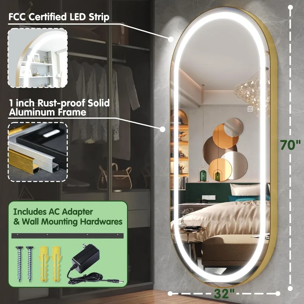 LED Lighted Full Body Dressing Mirror for Bedroom Salon Shower Mirrors Dimmable & 3-Color Lighting [Tempered Glass] Miror Miroir