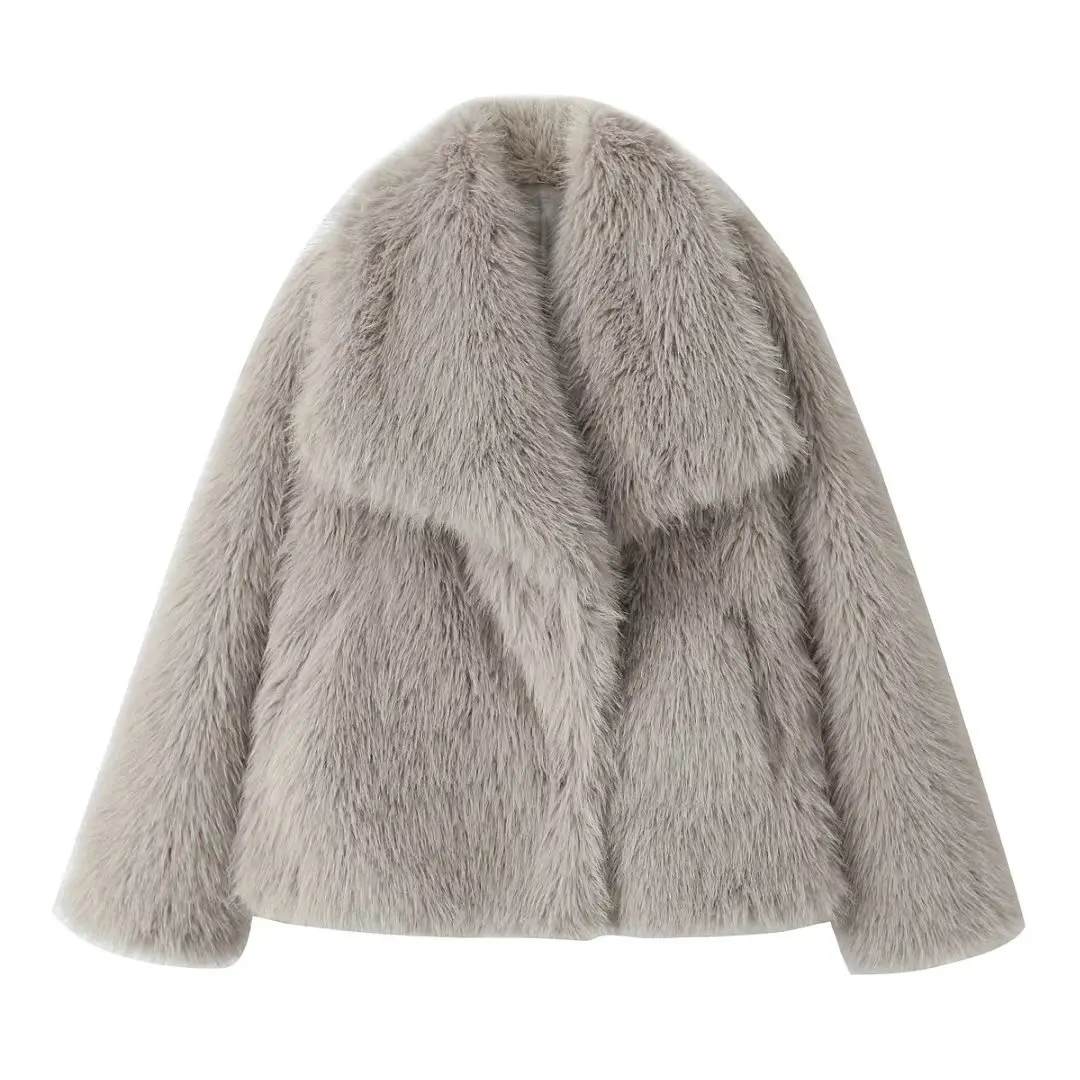 

Women New Fashion Cropped Artificial fur effect Casual warm Coat Vintage Long Sleeve Pockets Female Outerwear Chic Overshirt