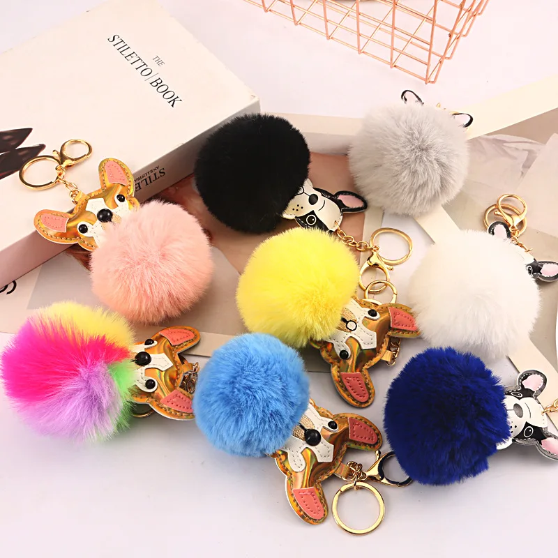 

Creative Cute Puppy Leather Keychain Hair Ball Keychain Soft Pompom Car Keychain Ladies Car Bag Accessories Key Ring Mom Gift