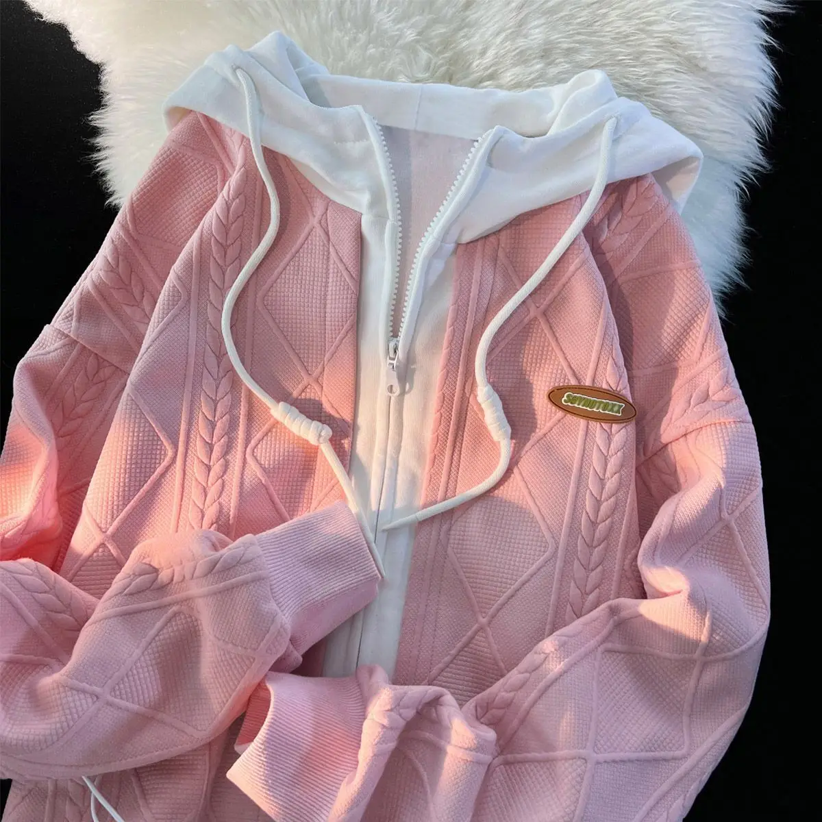 

American Style Oversize Fake two piece Hooded Women Loose Sweet Zipper Coat Long Sleeve Streetwear Y2K Soild Color Sweatshirt