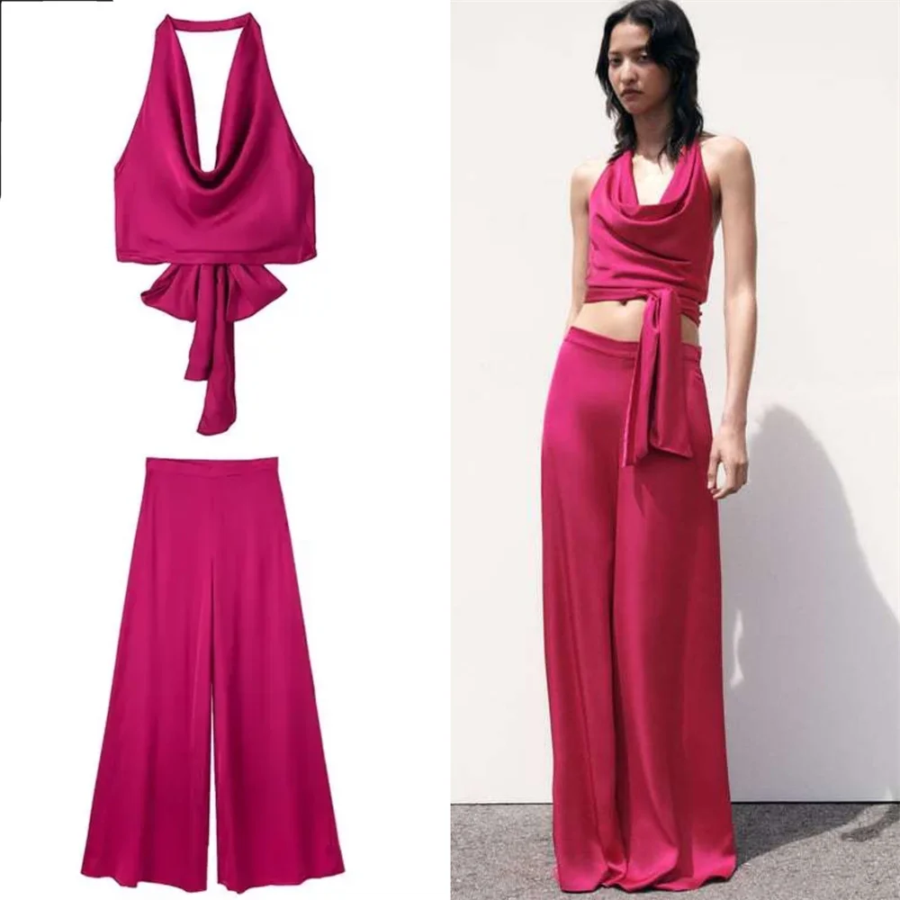 

Women Satin Sleeveless Backless Halter Crop Top Wide Pants Summer Fashion Luxury Slim Camisole Floor Length Pant Suit