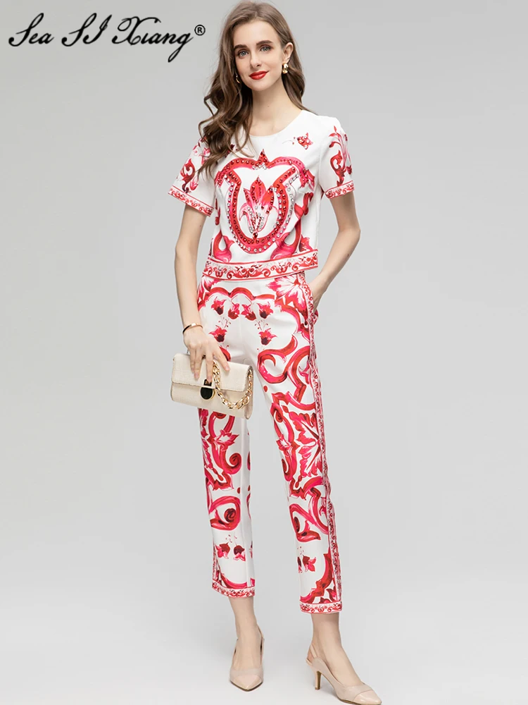 

Seasixiang Fashion Designer Summer Flowers Print Suit Women O-Neck Short Sleeve Diamonds Top + Pencil Pants Vintage 2 Pieces Set