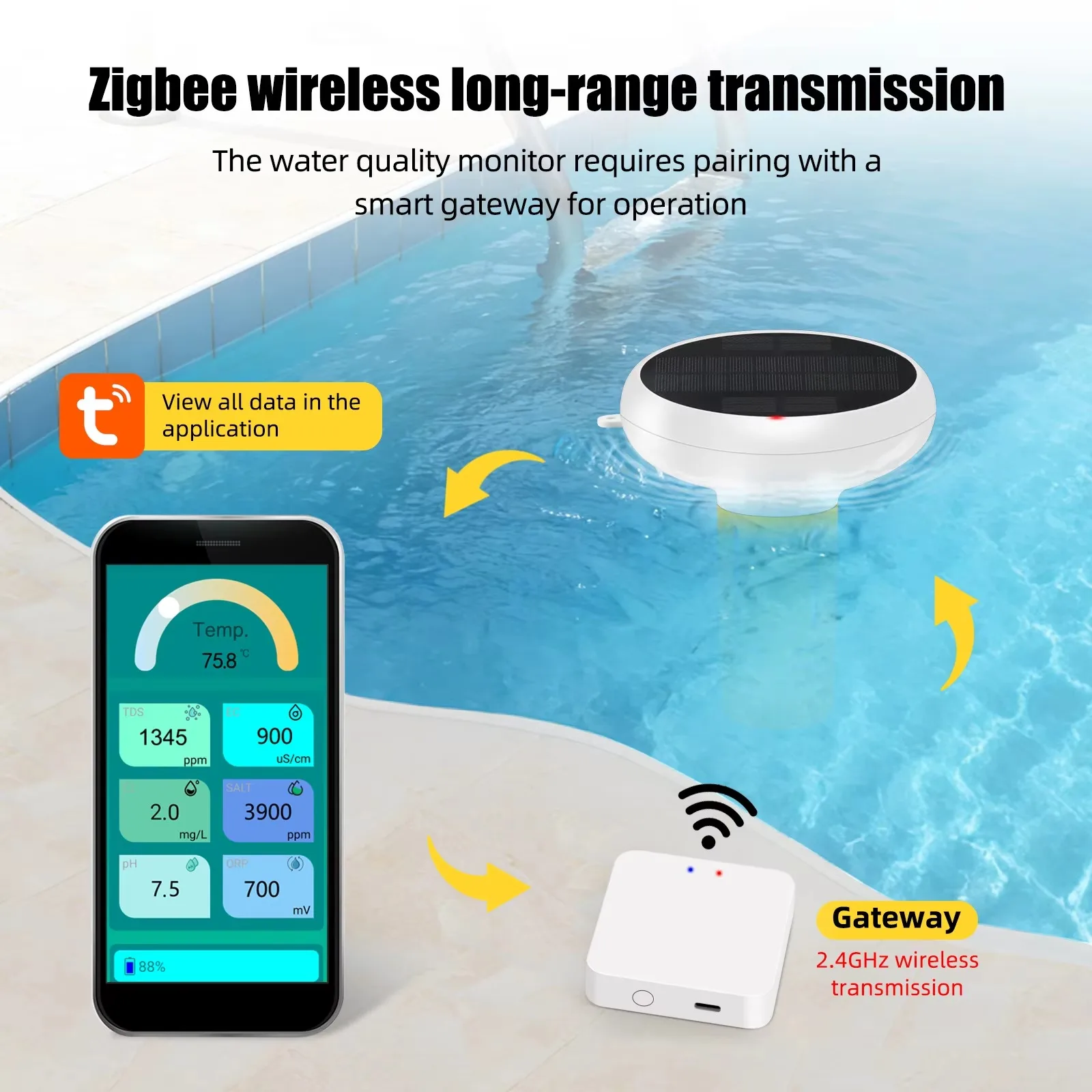 7-in-1 WiFi 태양광 수질 테스터 염소 PH TDS EC ORP 염도 온도 수영장 방수