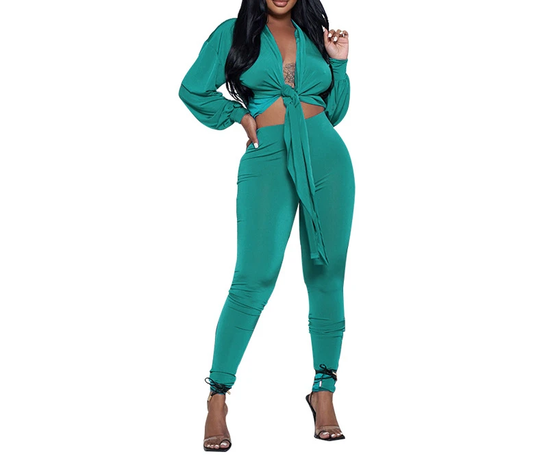 New Solid Color Cardigan Knot Long Sleeved Women's Two-piece Fashion Casual Leggings Suit Lady Sexy Pants Set Elegant Clothes