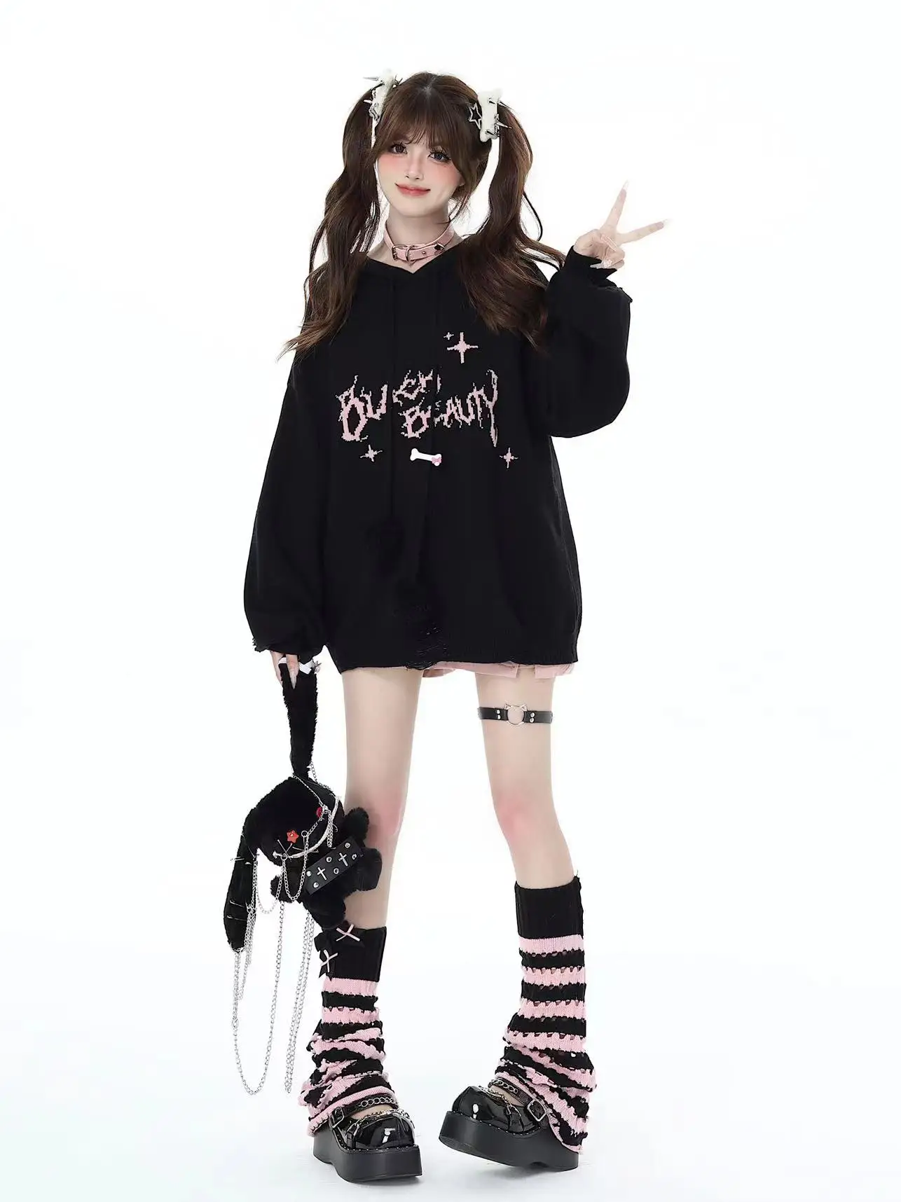 Rojita Japanese Black Pink Cool Sweet Style Soft Girl Striped Hollow Knit Pile Up Sock Kawaii Clothes Accessories Socks De Mujer