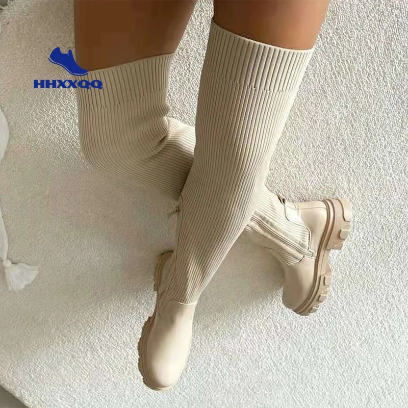 Vip Flats Shoes Thick Sole Boots Autumn Winter Breathable Knitting Upper Women Thigh High Boots Stretch Round Toe Black