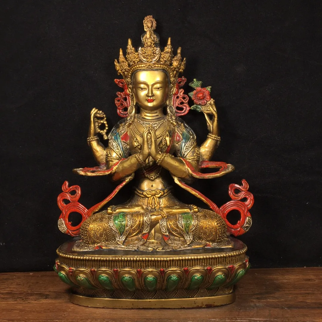 

Tibetan Old Bronze Buddha Pure Copper Gilded Gold Painted Four Armed Avalokitesvara Bodhisattva Tara Buddha Statue, Home Buddha