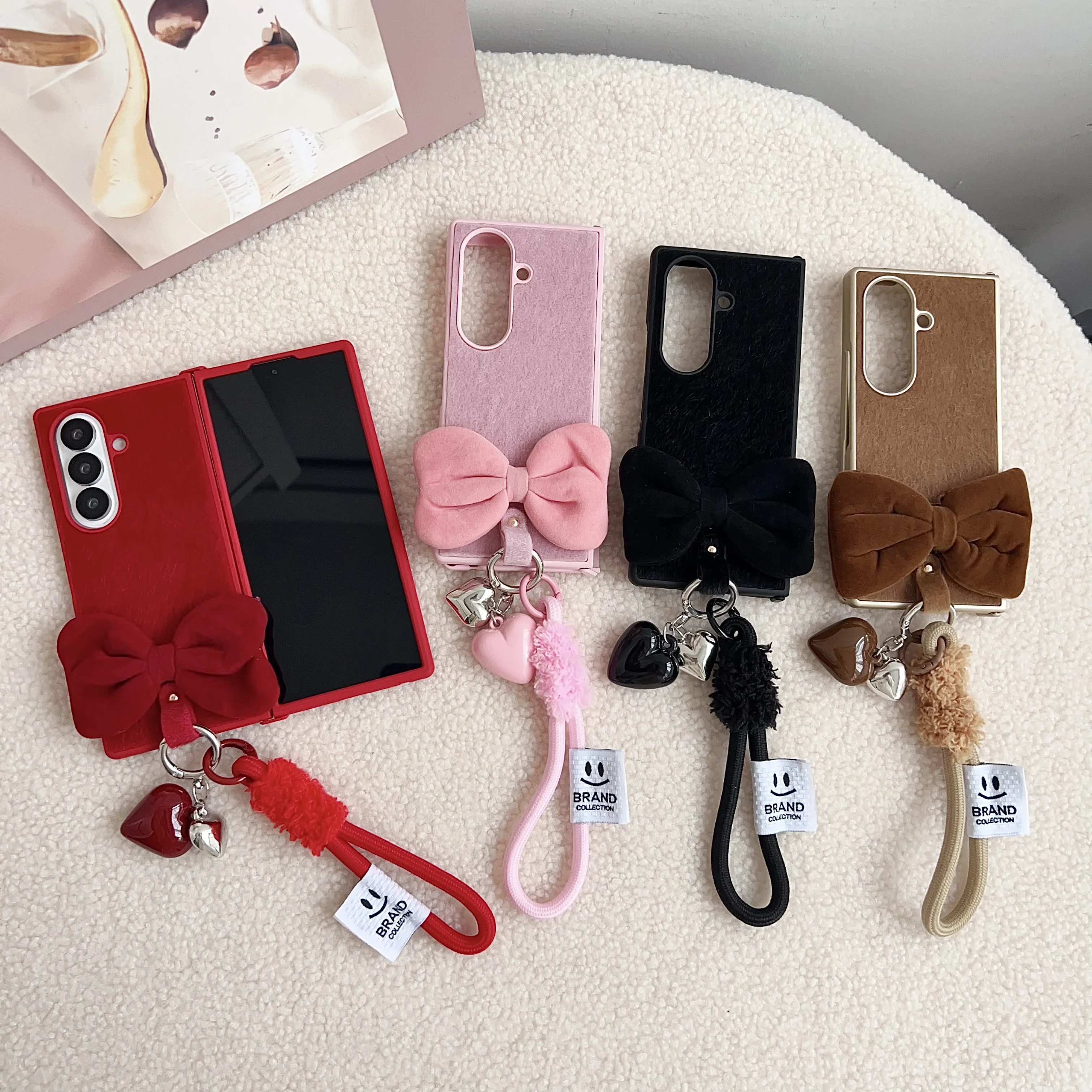 Plush Heart Pendant Fold Phone Case with 3D Bow and Rope Strap