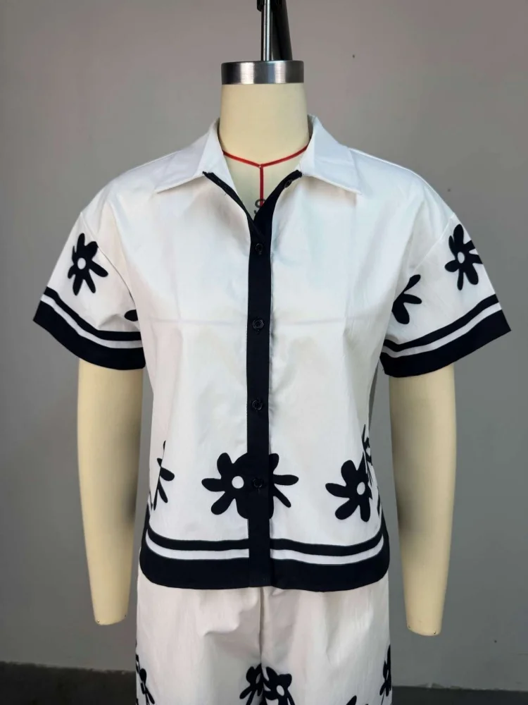 Wmstar Two Piece Set Women Wholesale Woman 2025 Summer New Fashion Lapel Color Blocked Printed Shirt Wide Leg Shorts Casual