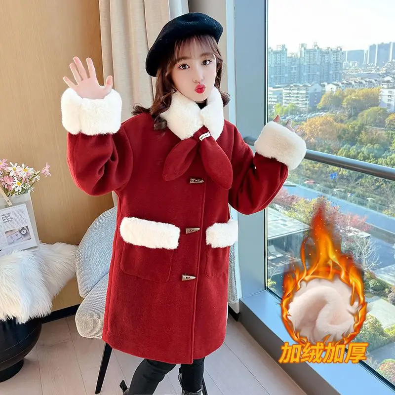 

Girls Woolen Coat Overcoat Jacket Windbreak 2023 Furs Warm Thicken Winter Cotton Teenagers Outwear Children's Clothing