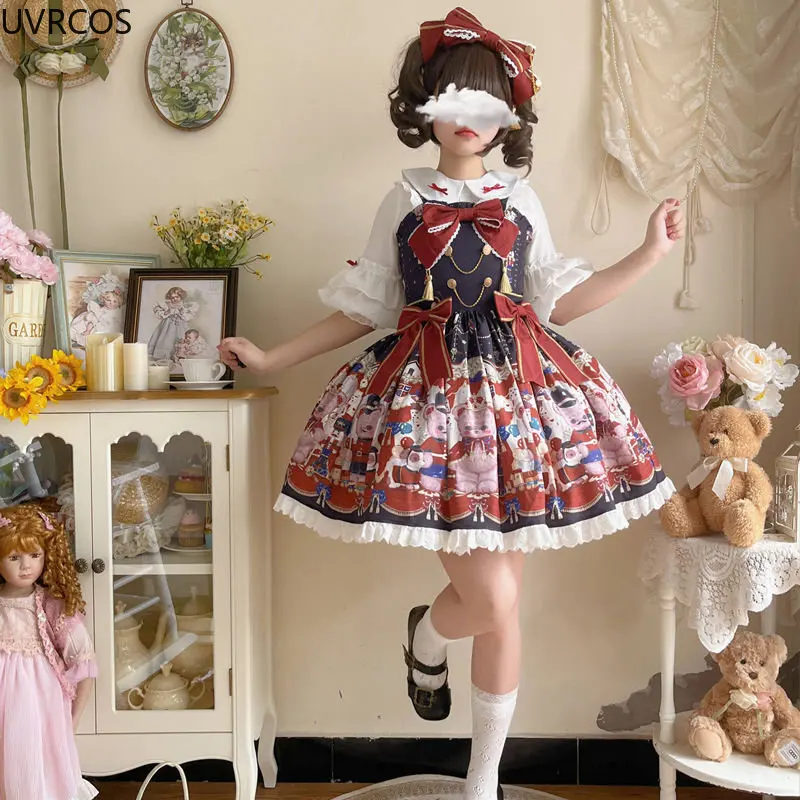Kawaii Lolita Jsk Dress lolita dress lolita suspender dress lolita cosplay costumes suspender dress Women Sweet Lace Ruffles Cartoon Bear Print Party Mini Dresses