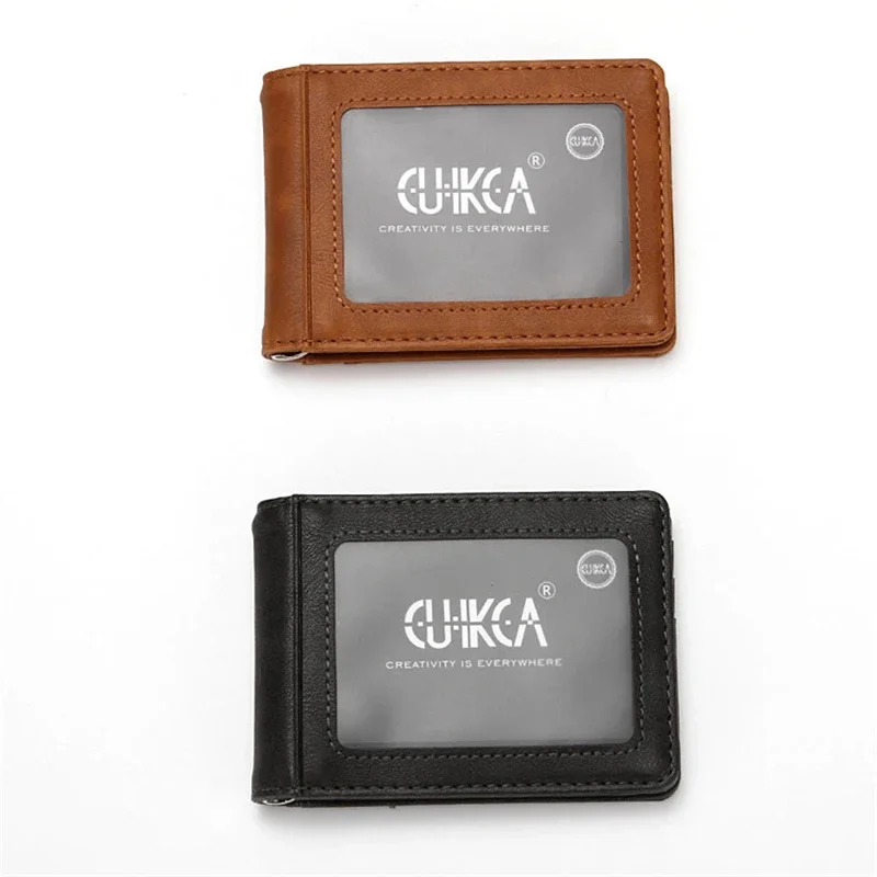 Hot Sale Fashion Men's RFID Thin Tickets Money Clip PU Leather Wallet with Metal Clamp Female ID Credit Card Purse Cash Holder