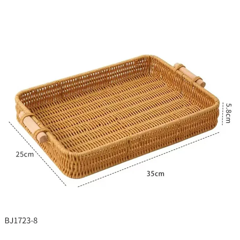 Creative Handmade Woven Rattan Storage Tray Square Wicker Basket Wooden Handle Bread Food Tray Fruit Cake Platter 5