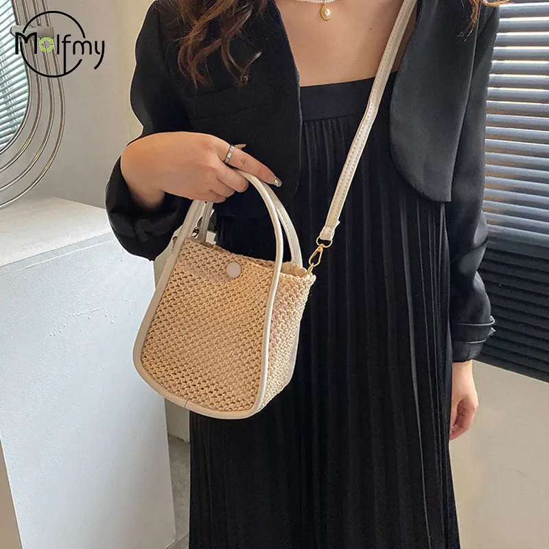 Straw Beach Handbag Hollow out Women Crossbody Bags Girls Rattan Woven Summer Messenger Shoulder Tote Bags with Interior Purse
