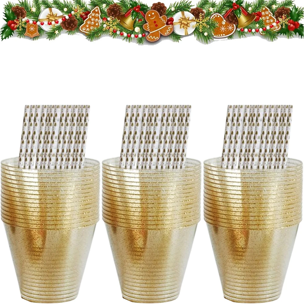 Description Picture 3 of item50/100Pcs Christmas Gold Glitter 9oz Clear Plastic Cups with Fun Tumbler Straws Disposable Drinking Cups with Paper Straws