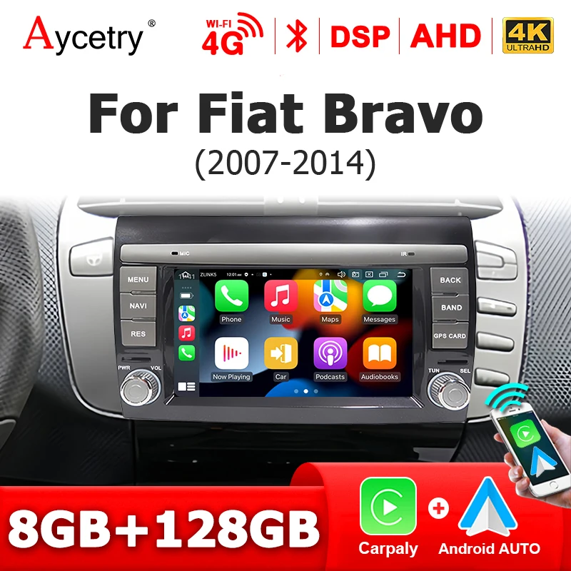 7'' Wireless Carplay Android Auto Autoradio GPS Bildschirm für Fiat Bravo 2007-2014 Bluetooth 2 din Android 15 Autoradio Multimedia Player WLAN 4G LTE