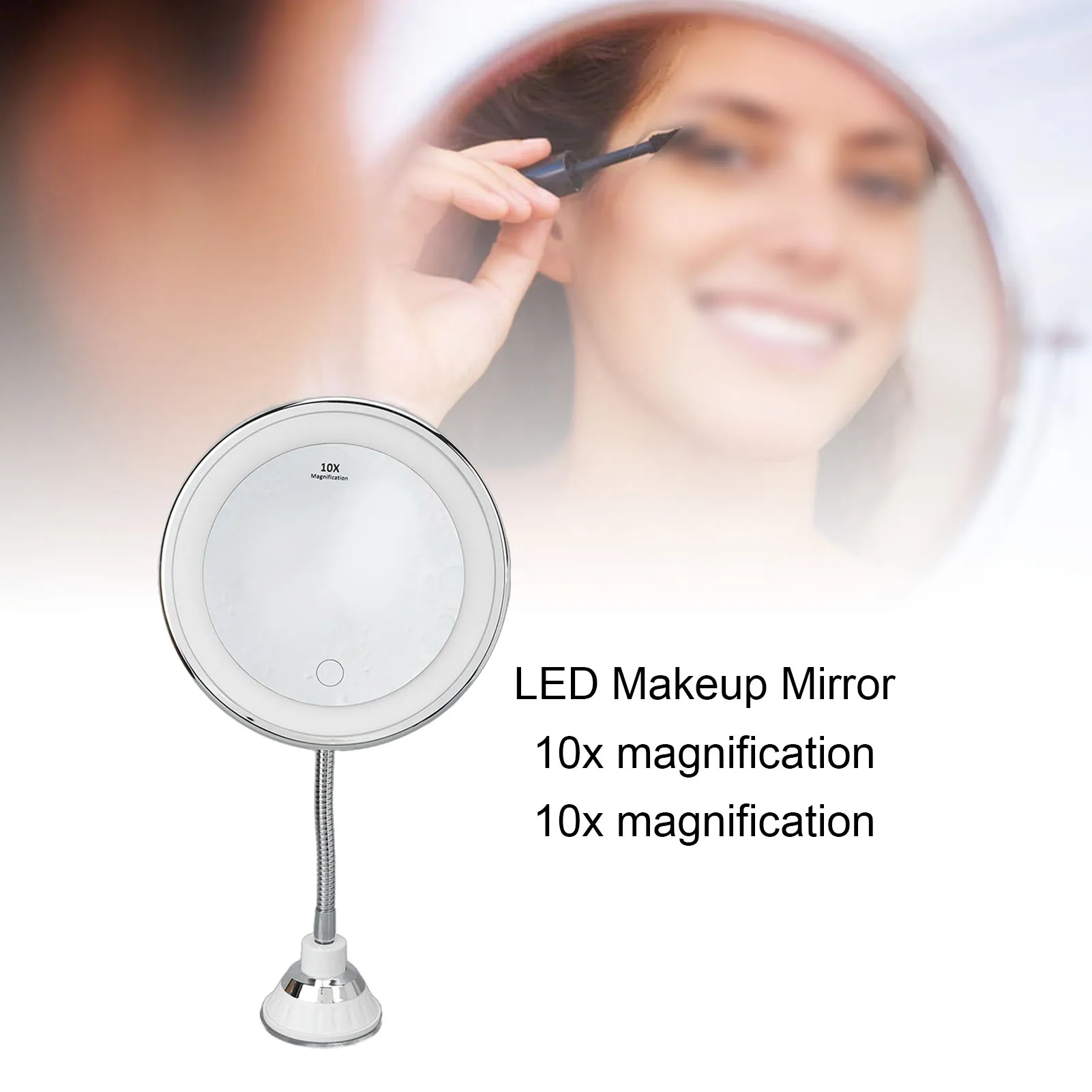 Flexible Gooseneck Makeup Mirror With LED Light 10X Magnifying Mirror Suction Cup Bright Diffused Light and 360 Degree Swivel