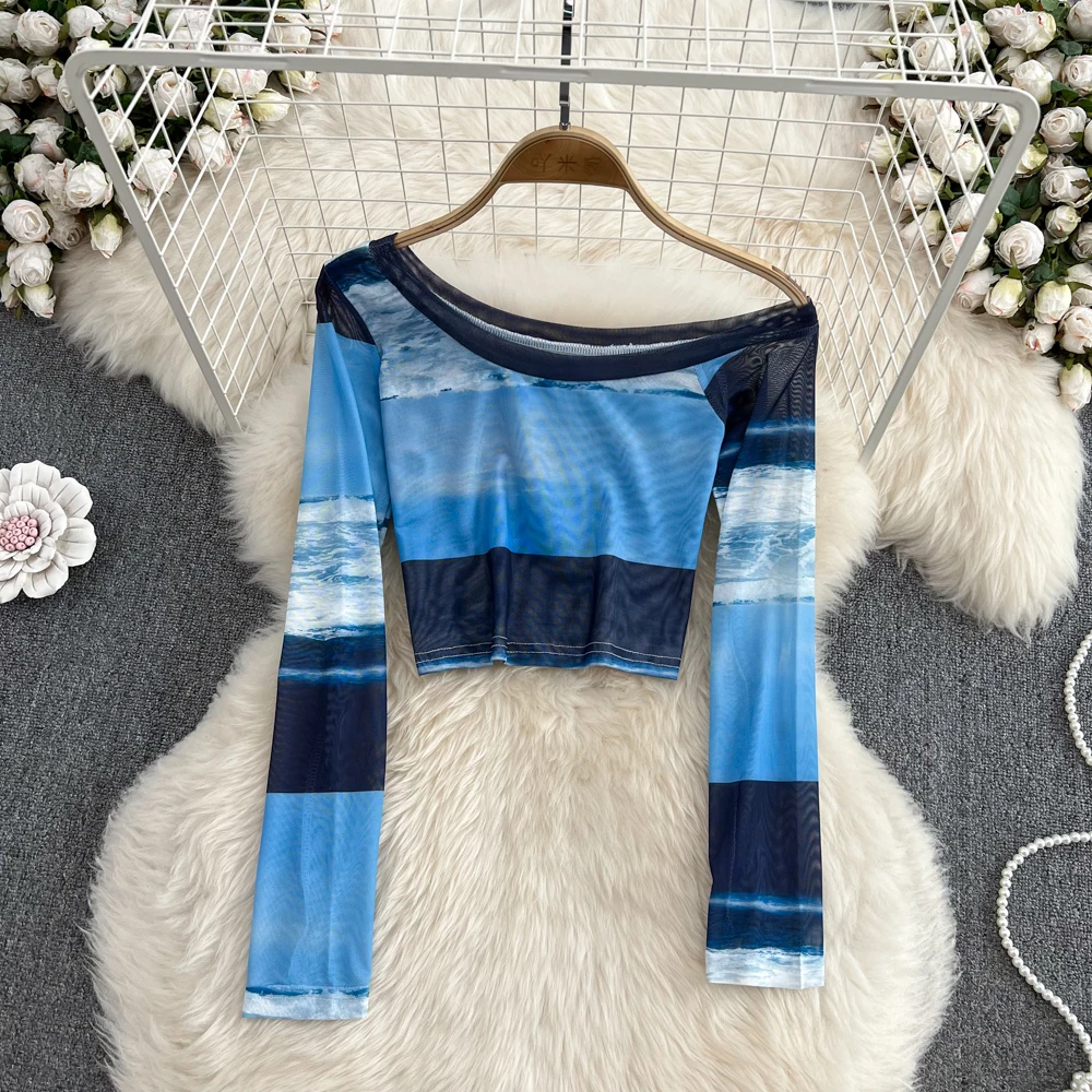 

Футболка женская Солнцезащитная с длинным рукавом, пикантный облегающий топ из газовой ткани Tie-dye с косым плечом, шикарный трендовый топ с градиентом, на лето