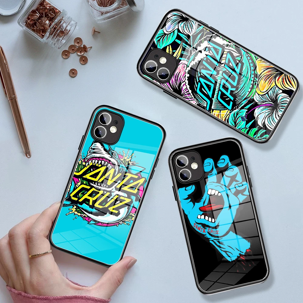 Fashion brands Skateboard Santa Cruz Phone Case Tempered Glass For iPhone 13 11 Pro XR XS MAX 8 X 7 12 13 Pro Max Mini Covers iphone 13 pro max wallet case