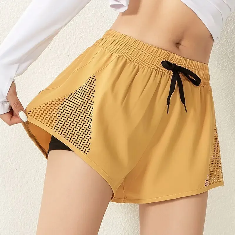 Summer Loose-Fit Quick-Dry Hollow Breathable Anti-Exposure Fitness Yoga Two-Piece Illusion Three-Quarter Length Trousers