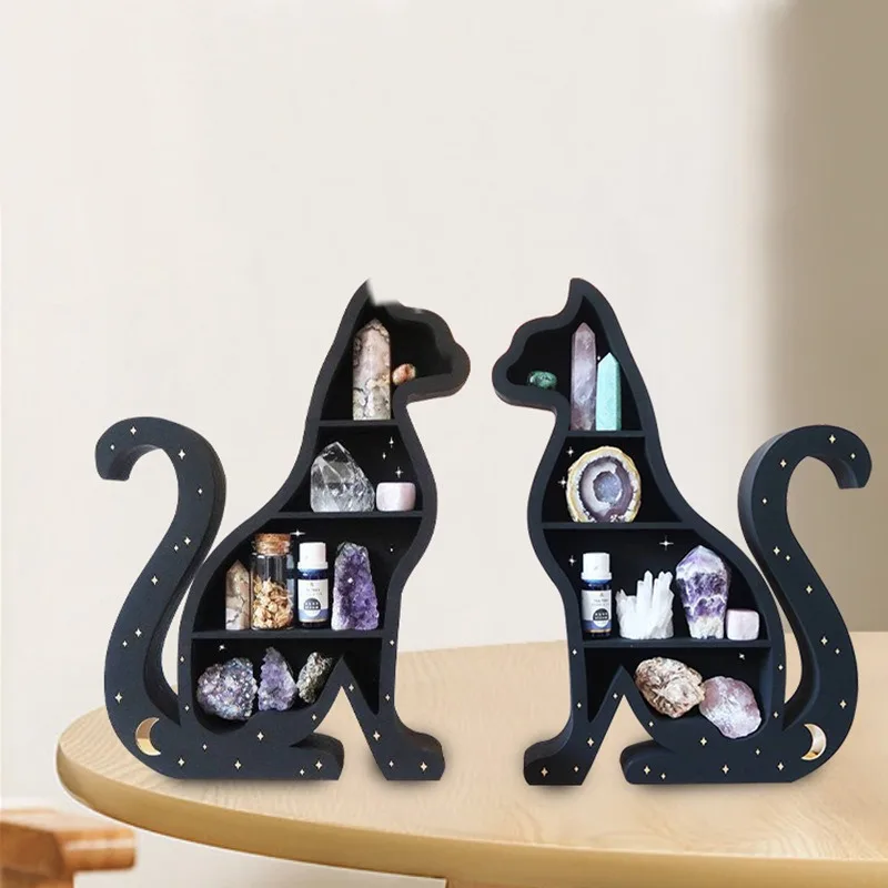 

Wooden Crystal Plant Rack Moon Cat Tree of Life Fairy Rack Home Wood Carving Storage Rack