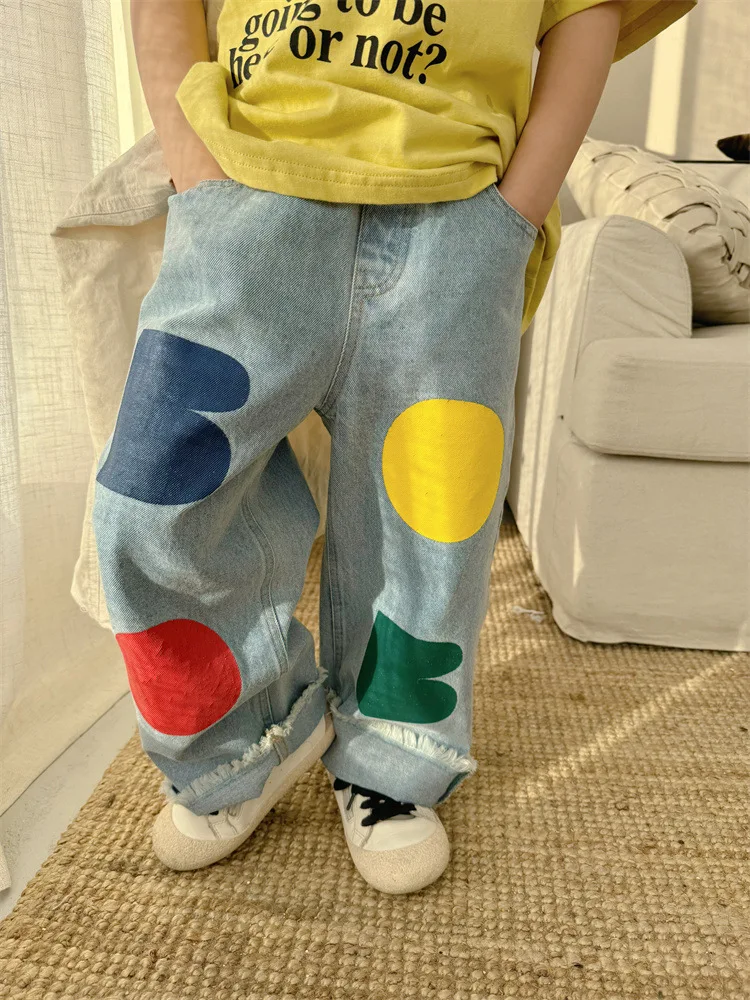2024 Spring New Children Loose Jeans Baby Girl Color Printing Casual Pants Toddler Boy Harem Pants Kids Versatile Denim Trousers 1