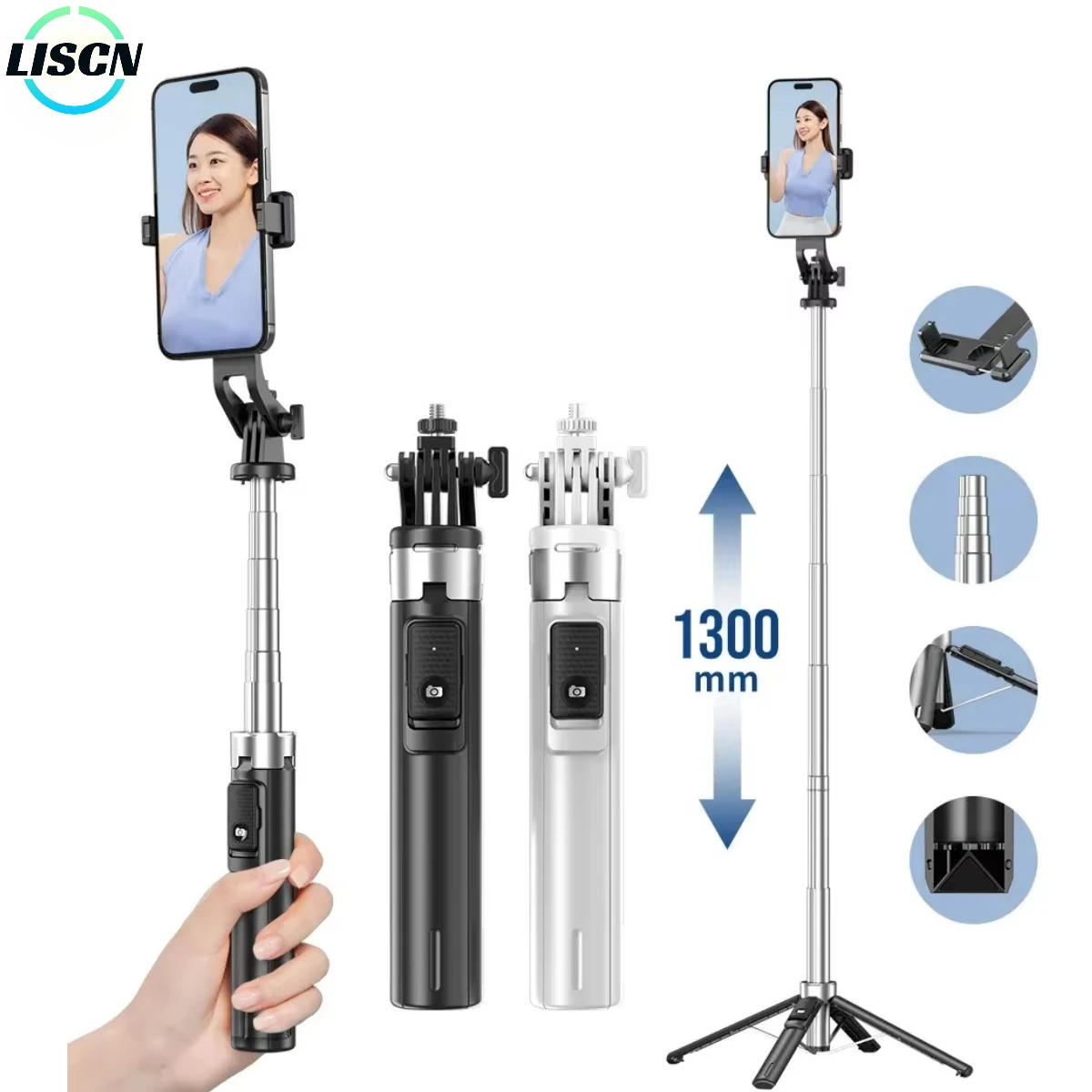 LISCN 1.3m Portable Selfie Stick Quadruped Bracket Selfie Tripod Rechargeable Remote Control Vlogging Live Streaming
