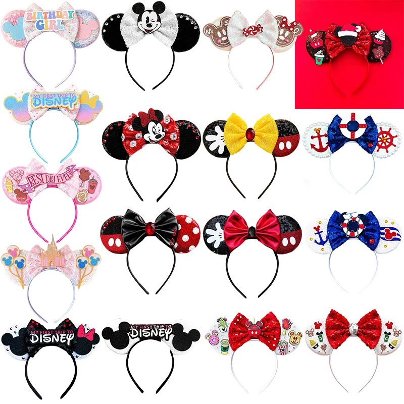 Disneyland Hair Band Kids Adult Festival Gift Sequins Pink Bow Hairbands Women Disney Minnie Mickey Mouse Hair Accessories Party