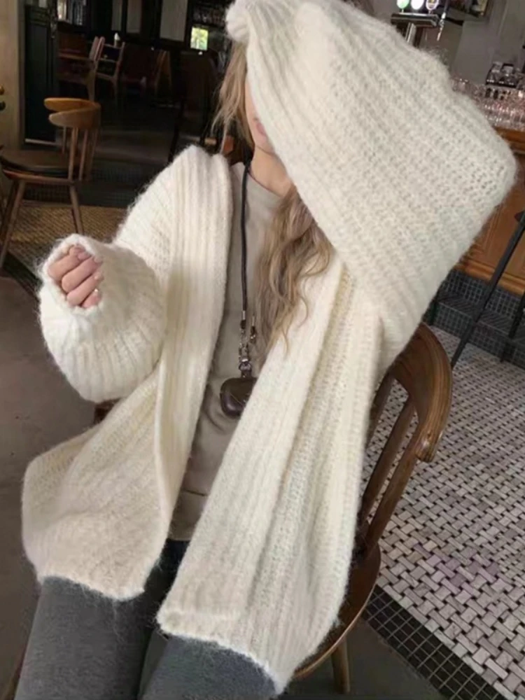 Fashion New Women's Loose Long Sleeve Elegant Cardigan Sweater Hooded Lantern Sleeve Solid Color Knitted Casual Top