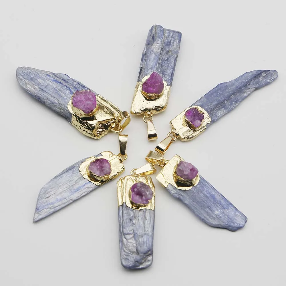 Natural Raw Stone Blue Crystal Strip Pendant Rose Quartz Agate Necklace Mineral Healing Charm Jewelry Accessories Wholesale 8Pcs