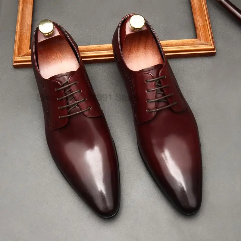 

Italian Style Men's Dress Shoes Genuine Leather Handmade Pointed Toe Derby Oxford Lace-Up Office Business Formal Shoes For Men