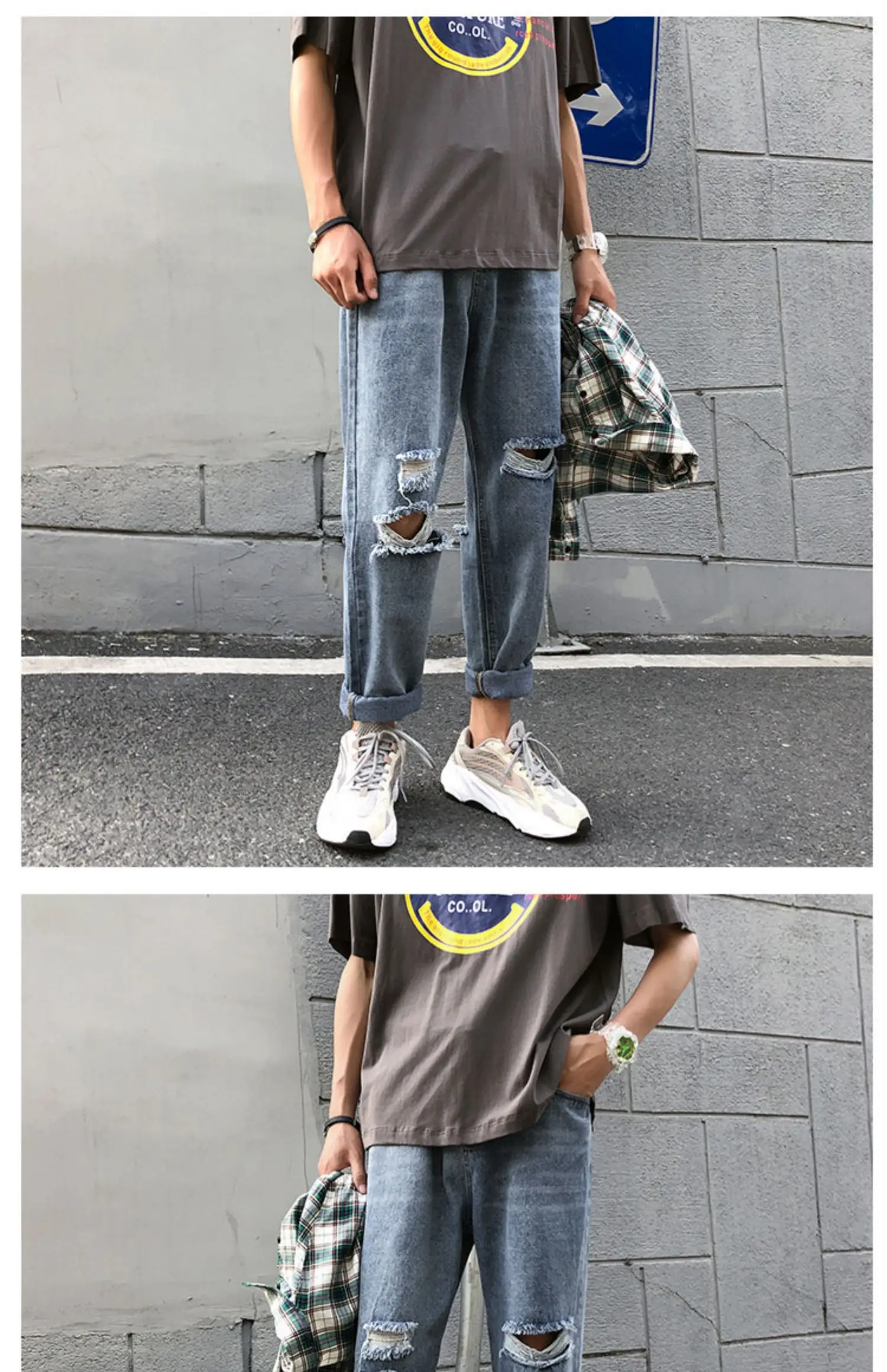 Description Picture 6 of item2024 Men Summer Fashion Korean Loose Straight Denim Pants Male Baggy Ripped Holes Jeans Mens Thin Ankle-length Trousers F196