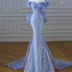 Evening Dress Blue Fashion Boat Neck Sequins Pleat Floor-Length Lace Up Short Sleeves Mermaid Party Formal Dresses Woman B2742