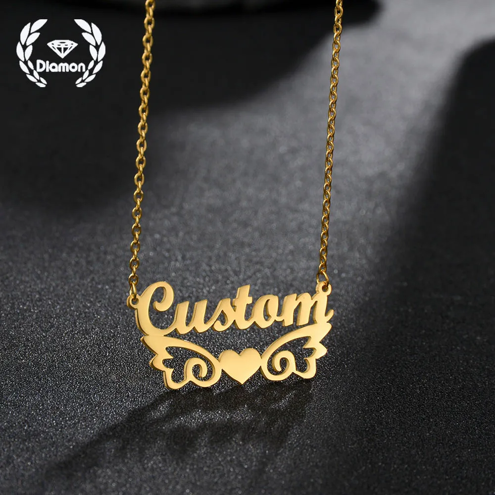

Diamon Fashion Personalized Custom Name Letters Necklace for Women Angel Wings Stainless Steel Chain Pendant Choker Jewelry Gift