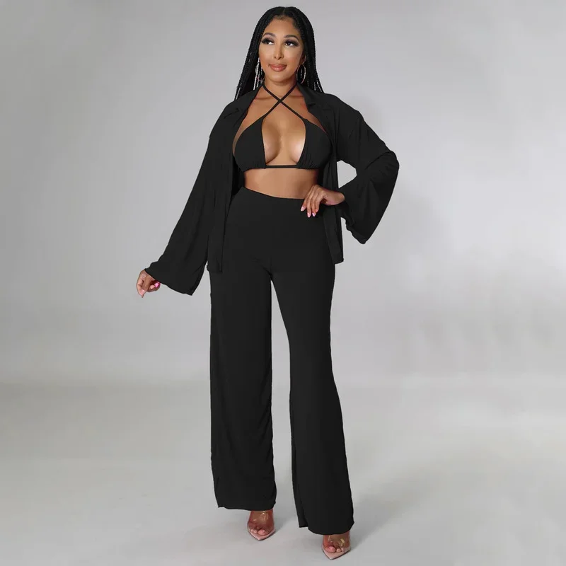 

KEXU Solid 3 Piece Set Casual Women Outfits Lace Up Bra Long Sleeve Shirt Cardigan Wide Leg Pants Elegant Office Lady Outfits
