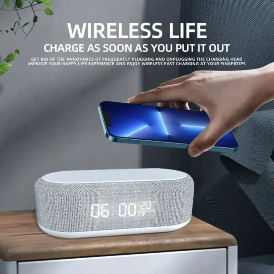 Base de Carga Inalámbrica con Alarma, Lámpara de Noche, Reloj de Escritorio y Termómetro para iPhone 17, 16, 15, 14, 13, con Carga Rápida 3