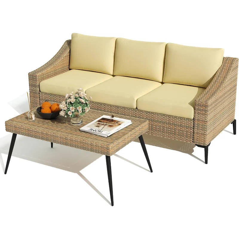 

2 Piece Patio Furniture Set, 3 Seater Wicker Outdoor Sofa with Thick Cushions & Rattan Table, Patio Conversation