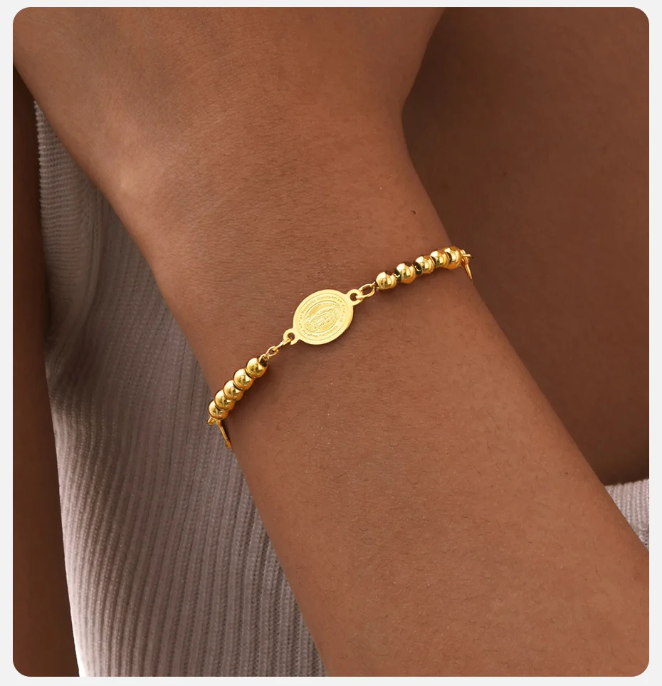 Vnox Jungfrau Maria Armbänder für Damen und Herren, dreifarbige runde Perlenkette aus Edelstahl, elliptischer Marken-Religions-Glaubenschmuck – Detail 4