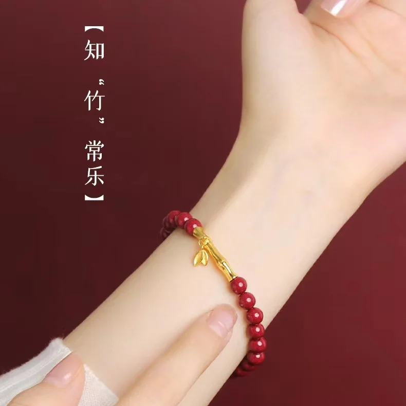 

High Content Cinnabar Bracelet Real 24K Gold Plated Bamboo Charms 6MM Women's HandString Jewelry Bring In Wealth and Treasure