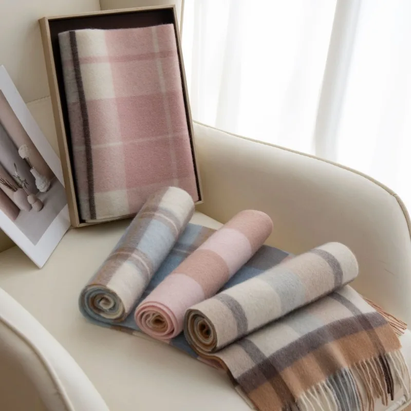 Thickened Autumn and Winter Plaid 100% Wool Scarf with Womens High End Feel Tassel Fashion Warm Scarf Comfortable Shawl