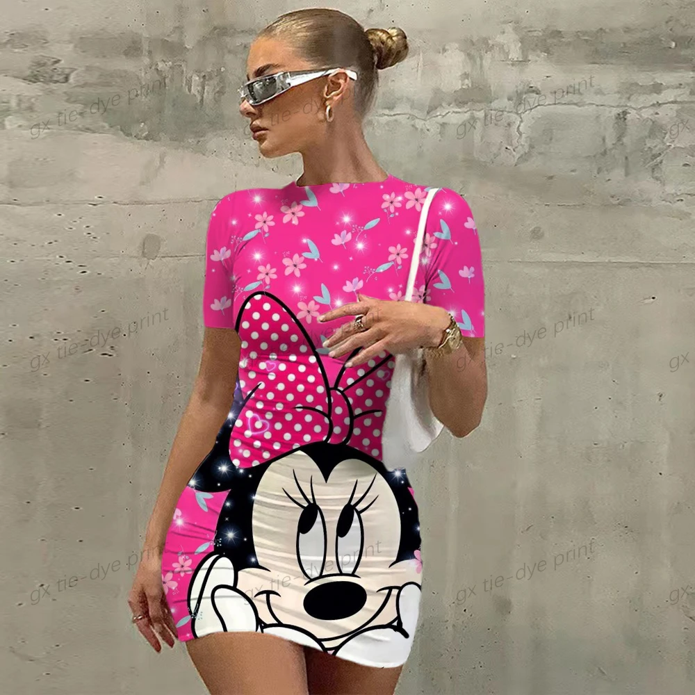 

Disney Mickey Age Reduction Cartoon Print Short Sleeve Sexy Bodycon Tight Dress 2023 Summer Fashion Bag Hip Beach Party Dress