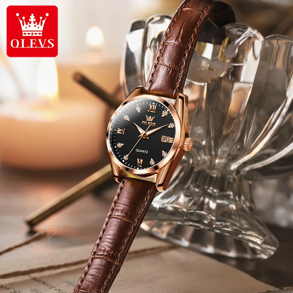 OLEVS Original Quartz Watch for Women Luxury Diamond Date Dial Luminous Wristwatch Waterproof Leather Strap Women's Watch Reloj